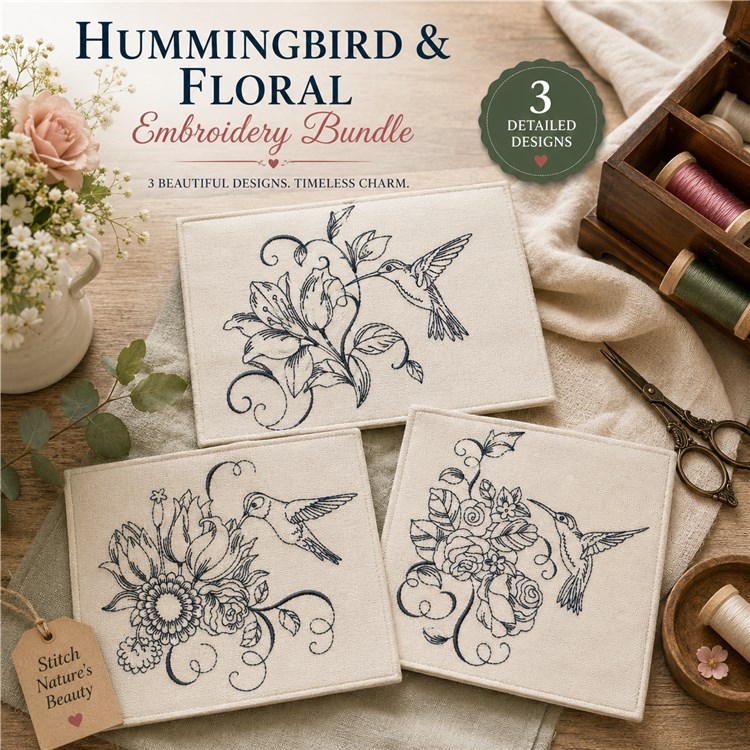Hummingbird & Floral Embroidery Bundle – Beautiful Designs (3 Designs)
