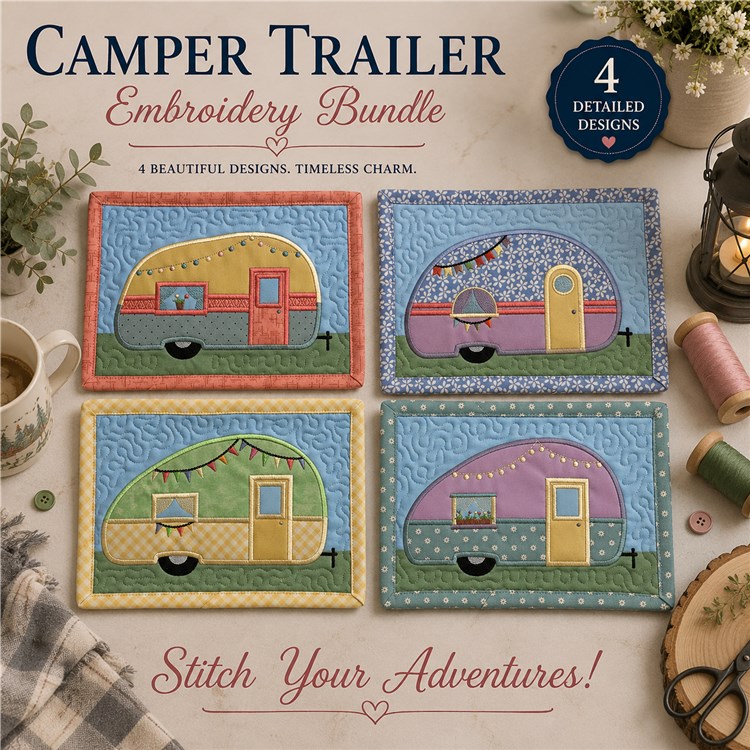 Camper Trailer Embroidery Bundle – Colorful Vintage Caravans (4 Designs)