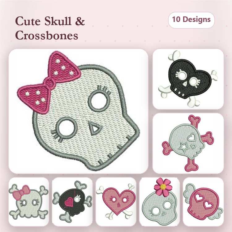 Cute Skull & Crossbones Embroidery Designs Bundle – Cute Skull with Bow, Pink Skull with Flower & More (10 Designs)