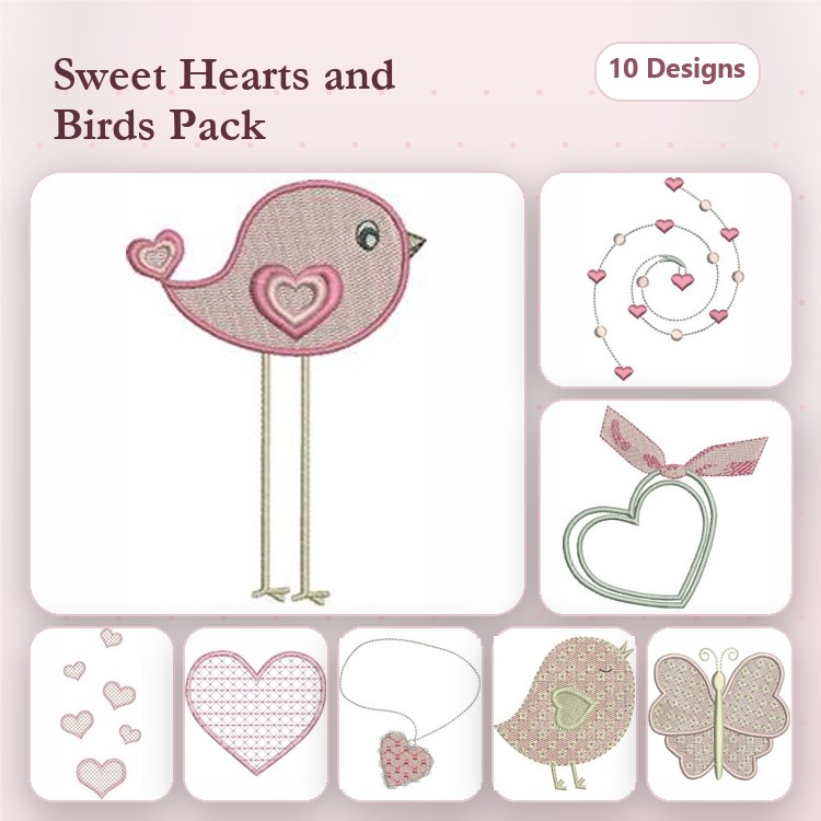 Hearts & Birds Embroidery Designs Bundle – Bird with Hearts, Decorative Heart, Butterfly with Hearts & More (10 Designs)