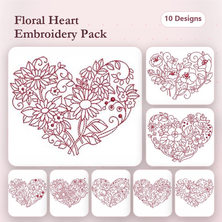 Redwork Floral Hearts Embroidery Designs Bundle – Floral Heart with Flowers, Ornamental Floral Heart, & More (10 Designs)