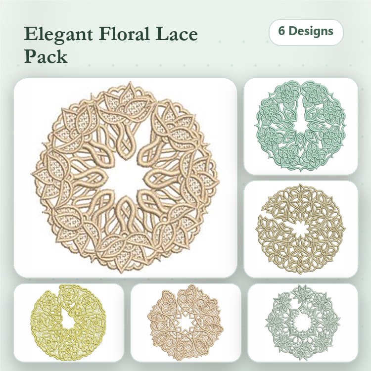 FSL Elegant Floral Lace Embroidery Designs Bundle – Floral Lace Wreath with Leaves, Openwork Floral Round & More (6 Designs)