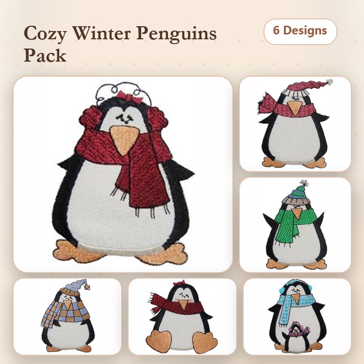 Applique Cozy Winter Penguins Embroidery Designs Bundle – Penguin with Red Scarf, Penguin Holding Gift & More (6 Designs)