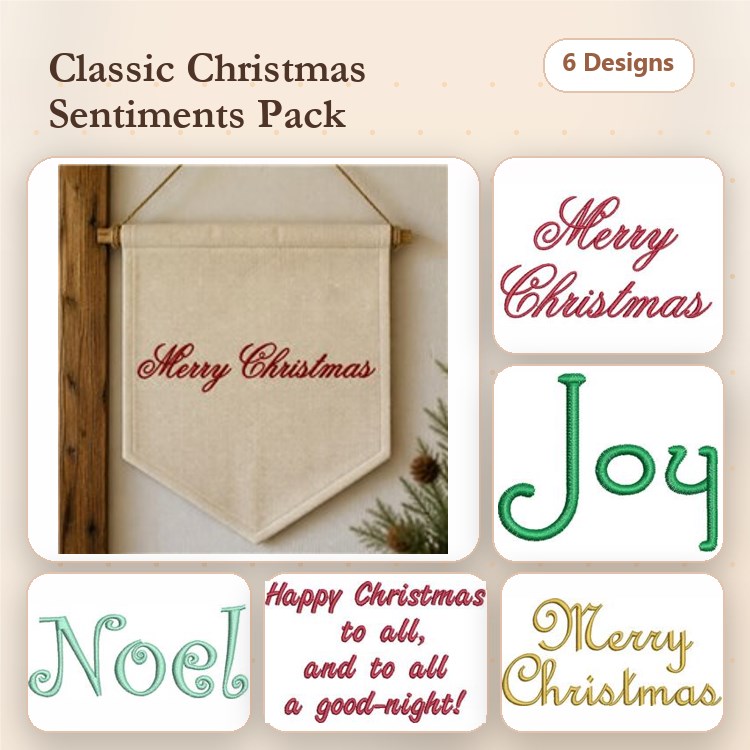 Christmas Sentiments Embroidery Designs Bundle – Merry Christmas, Joy, Noel, Happy Christmas & More (6 Designs)