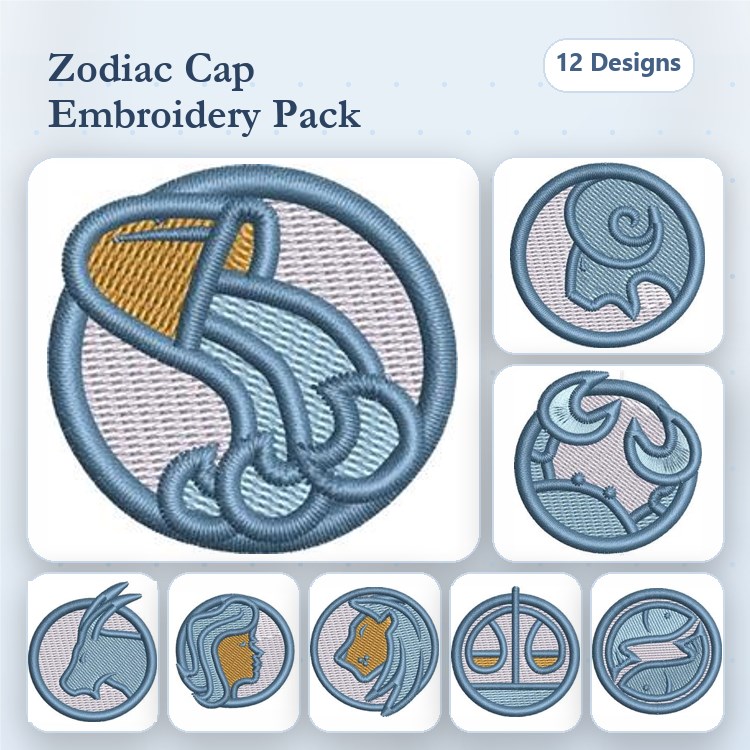 Zodiac Symbols Embroidery Designs Bundle – Aquarius, Pisces, Aries, Taurus & More (12 Designs)