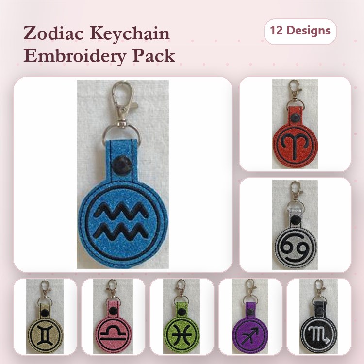ITH Zodiac Keychains Embroidery Designs Bundle – Aquarius, Aries, Cancer & More (12 Designs)
