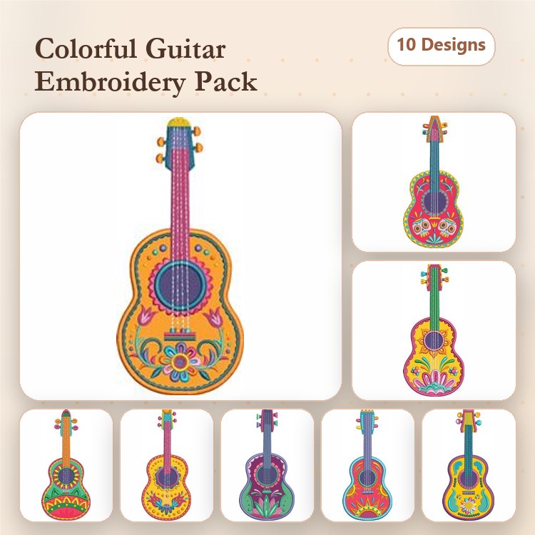 Colorful Guitar Embroidery Bundle – Vibrant Guitars 1, 2, 3 & More (10 Designs)