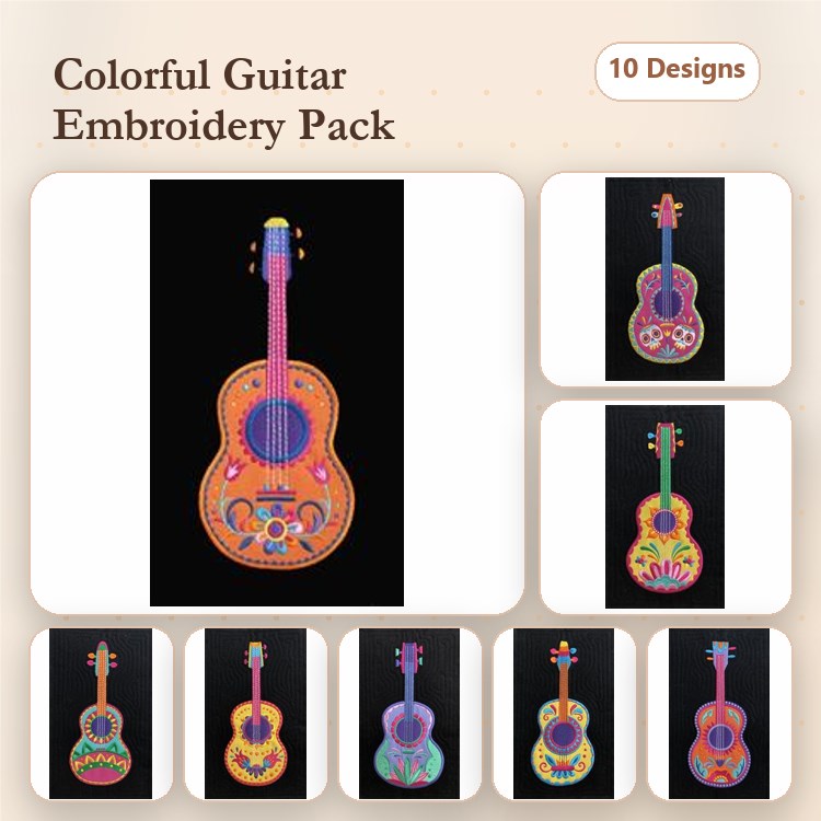Colorful Guitar Embroidery Bundle – Vibrant Guitar Patterns & More (10 Designs)