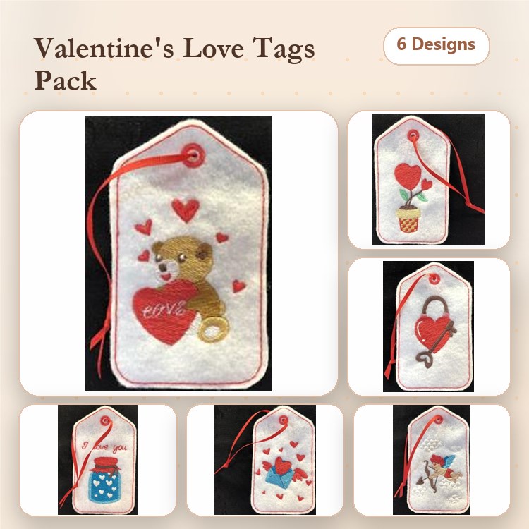 ITH Valentine's Day Tags Embroidery Designs Bundle – Teddy Bear Love Tag, Heart Cupcake Tag, Bird Tag & More (6 Designs)
