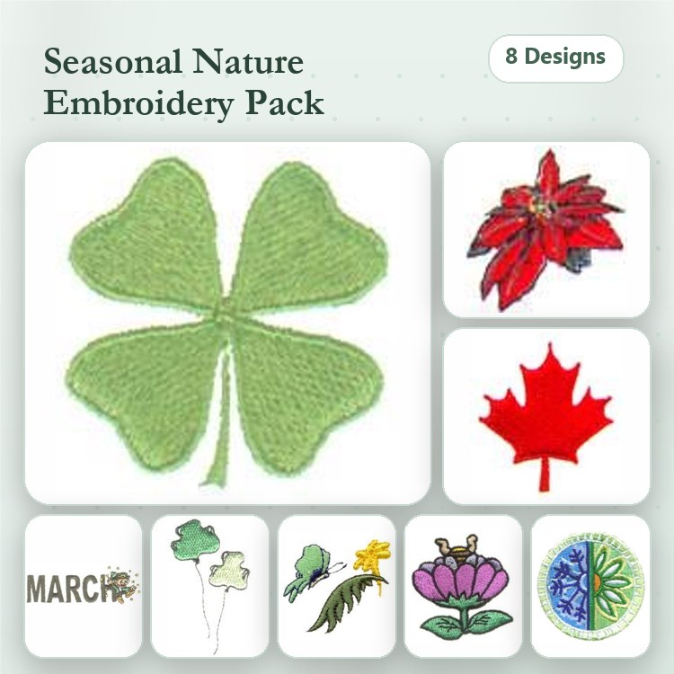 Seasonal Nature Embroidery Designs Bundle – Shamrock, Poinsettia, Maple Leaf & More (8 Designs)