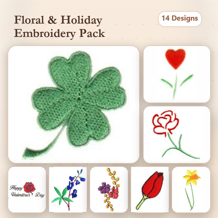 Floral and Holiday Embroidery Designs Bundle – Four Leaf Clover, Heart, Rose, Tulip & More (14 Designs)