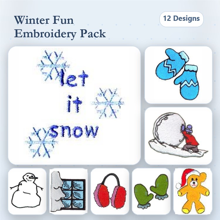 Winter Wonders Embroidery Designs Bundle – Snowman, Winter Mittens, Sled with Child & More (12 Designs)