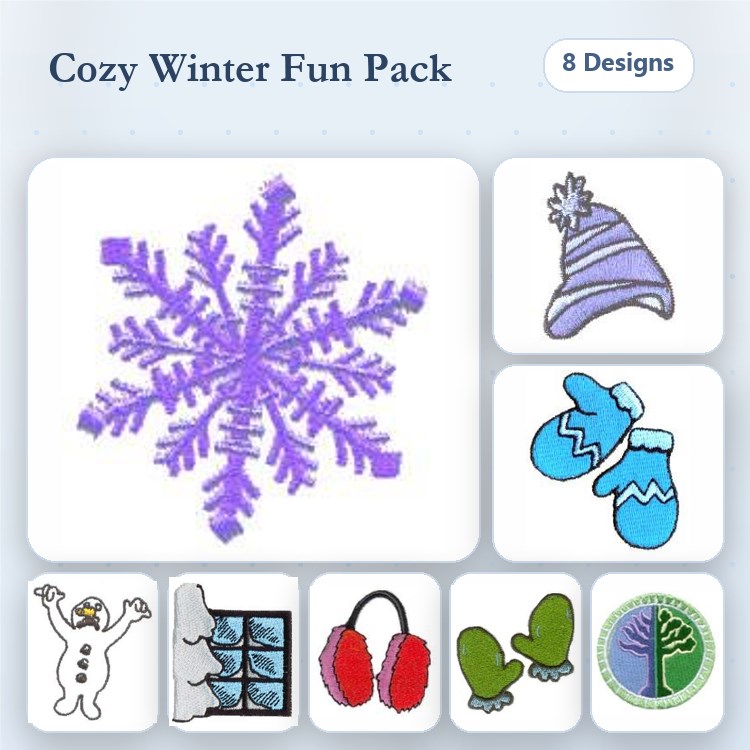 Winter-Themed Embroidery Designs Bundle – Snowflake, Winter Hat, Snowman & More (8 Designs)