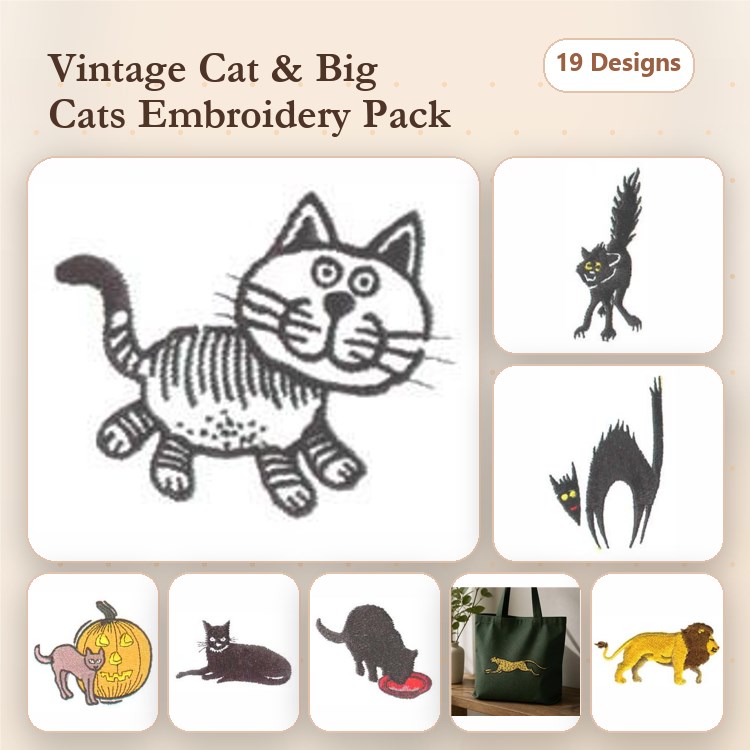 Vintage Cat & Big Cats Embroidery Designs Bundle – Black Cat, Lion, Cat with Pumpkin & More (19 Designs)