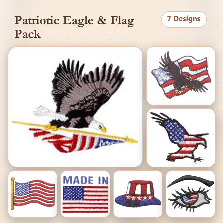 Bald Eagle & American Flag Embroidery Designs Bundle – Patriotic Hat, Eye with Flag, Chair & More (7 Designs)