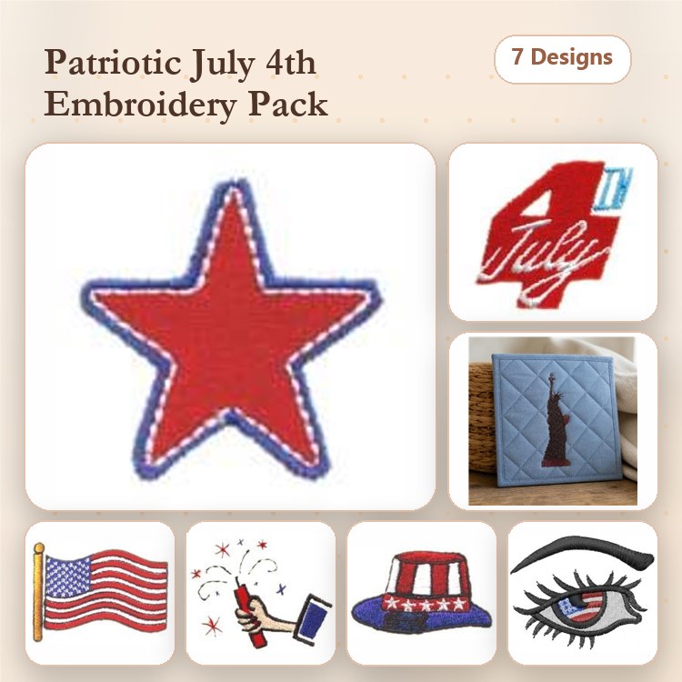 Patriotic July 4th Embroidery Designs Bundle – Star, Statue of Liberty, American Flag & More (7 Designs)