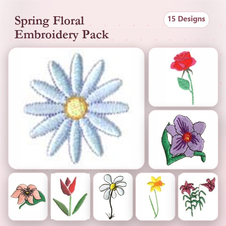Spring Floral Embroidery Bundle – Daisy, Rose, Violet & More (15 Designs)