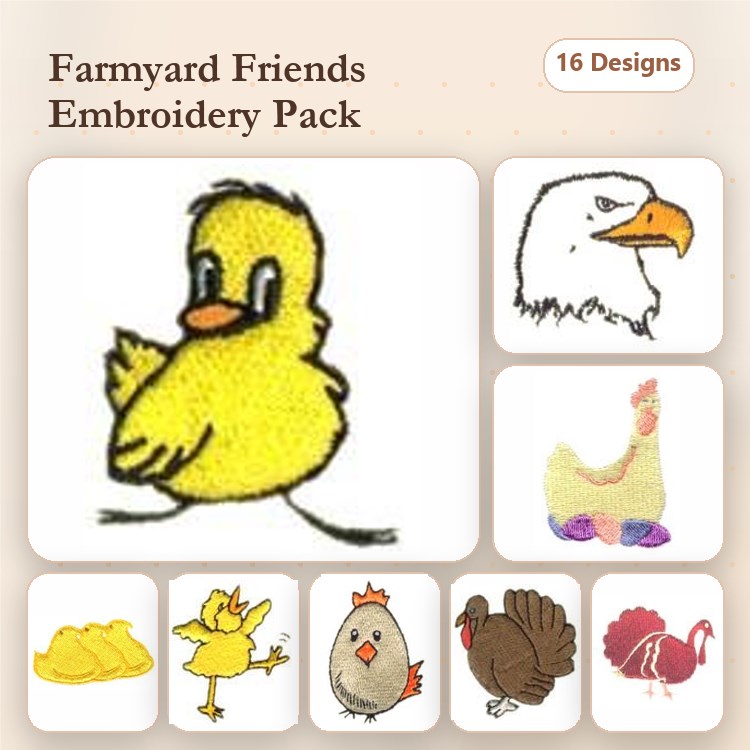 Farmyard Animals Embroidery Designs Bundle – Chick, Duckling, Eagle, Hen & More (16 Designs)
