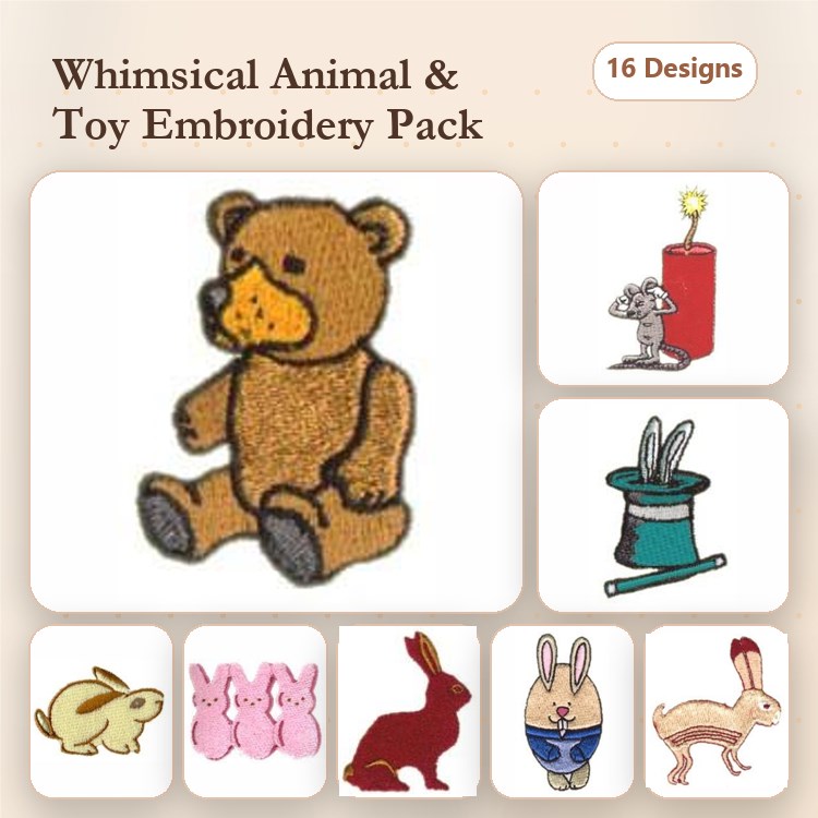 Whimsical Animals and Toys Embroidery Designs Bundle – Teddy Bear, Magic Hat with Rabbits, Pink Bunny & More (16 Designs)
