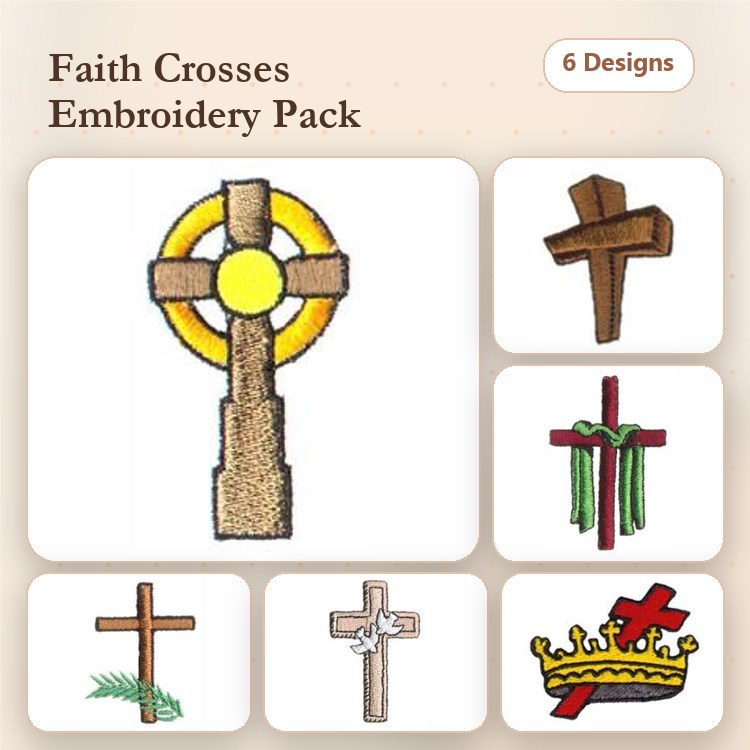 Religious Cross Embroidery Designs Bundle – Cross with Circle, Simple Wooden Cross, Decorated Cross with Ribbons & More (6 Designs)