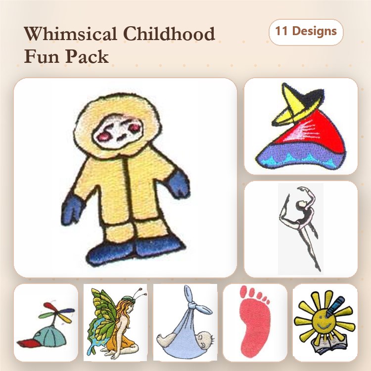 Whimsical Childhood Embroidery Designs Bundle – Child in Yellow Coat, Flying Toy Helicopter, Fairy with Wand & More (11 Designs)
