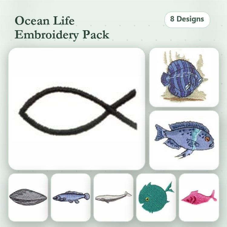 Ocean Life Embroidery Designs Bundle – Angelfish, Blue Tang, Shark & More (8 Designs)