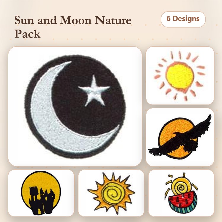 Sun and Moon Embroidery Designs Bundle – Crescent Moon with Star, Sun, Eagle Silhouette & More (6 Designs)