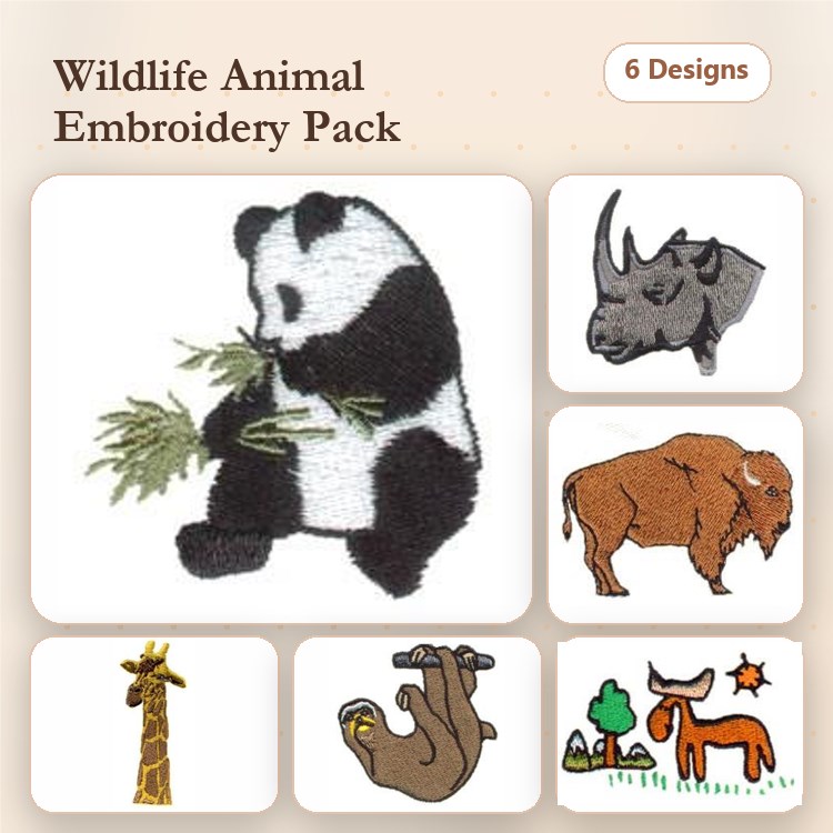 Wildlife Animals Embroidery Designs Bundle – Panda Bear, Rhino, Bison & More (6 Designs)