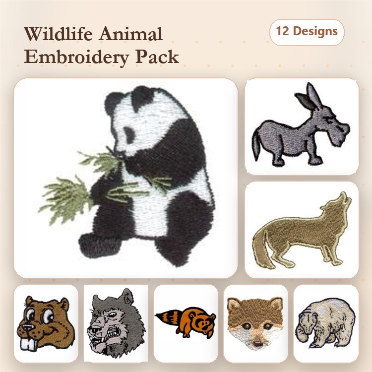 Animal Embroidery Bundle – Panda, Donkey, Horse & More (6 Designs)