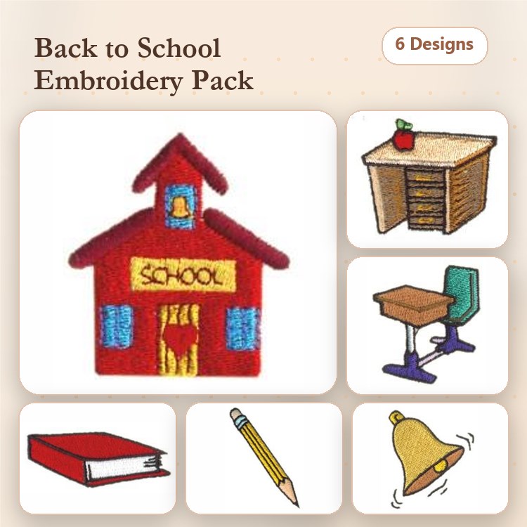 Back to School Embroidery Designs Bundle – School House, Desk with Apple, Chair & More (6 Designs)