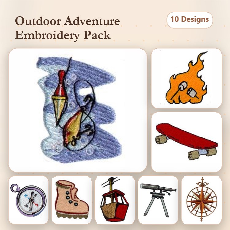Outdoor Adventure Embroidery Designs Bundle – Fishing Lure, Campfire, Skateboard & More (10 Designs)