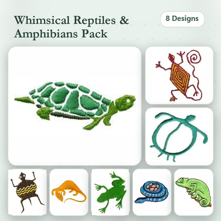 Reptiles & Amphibians Embroidery Designs Bundle – Turtle, Lizard, Frog, Tortoise & More (8 Designs)