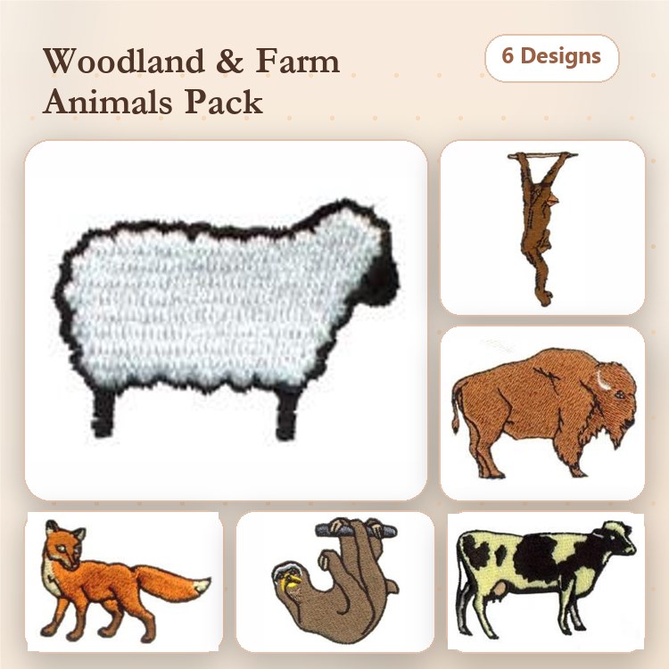 Sloth, Bison & Fox Embroidery Bundle – Farm & Wildlife (6 Designs)