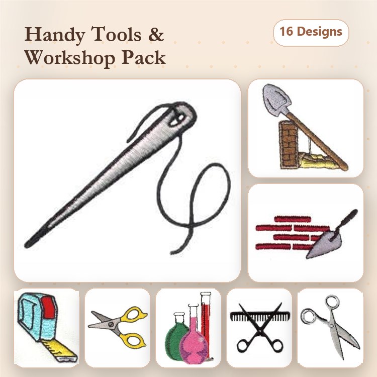 Handy Tools Embroidery Designs Bundle – Sewing Needle, Scissors, Tape Measure, Trowel & More (16 Designs)