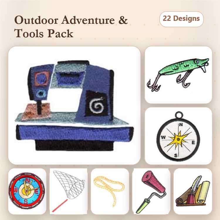 Outdoor Adventure Tools Embroidery Designs Bundle – Sewing Machine, Fishing Lure, Compass & More (22 Designs)