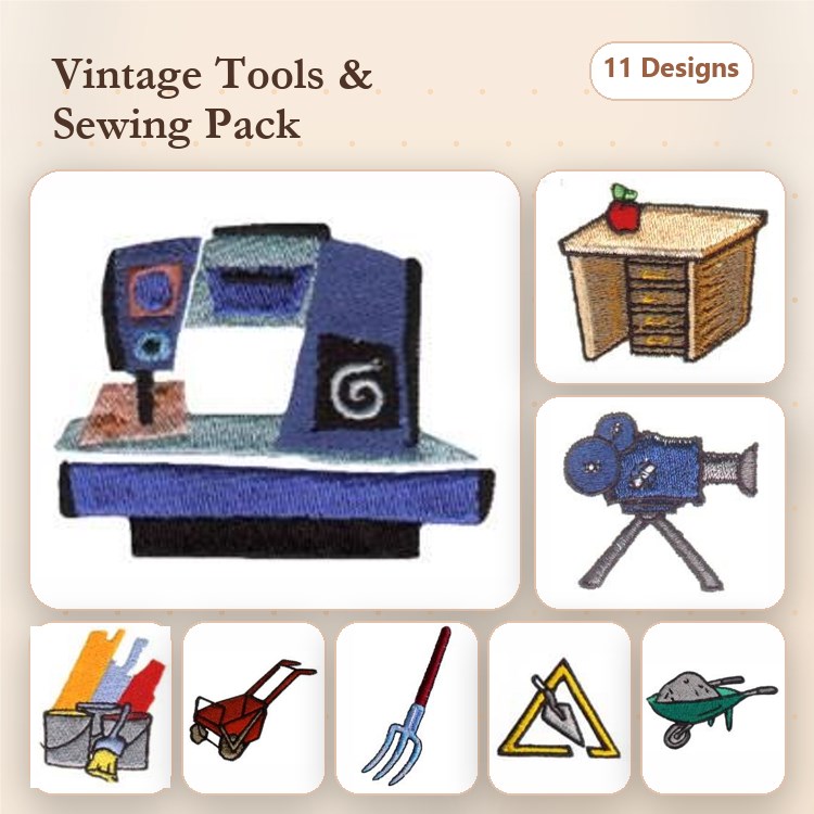 Sewing Tools & Vintage Essentials Embroidery Designs Bundle – Sewing Machine, Sewing Table, Film Camera & More (11 Designs)