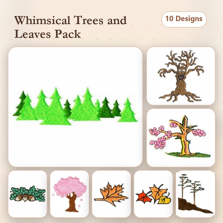 Whimsical Trees & Leaves Embroidery Designs Bundle – Pine Trees, Cherry Blossom Tree, Oak Tree & More (10 Designs)