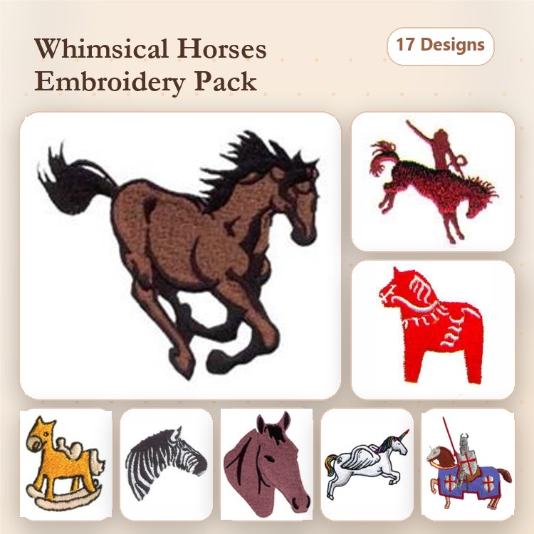 Whimsical Horse Embroidery Designs Bundle – Running Horse, Saddle Horse, Zebra & More (17 Designs)