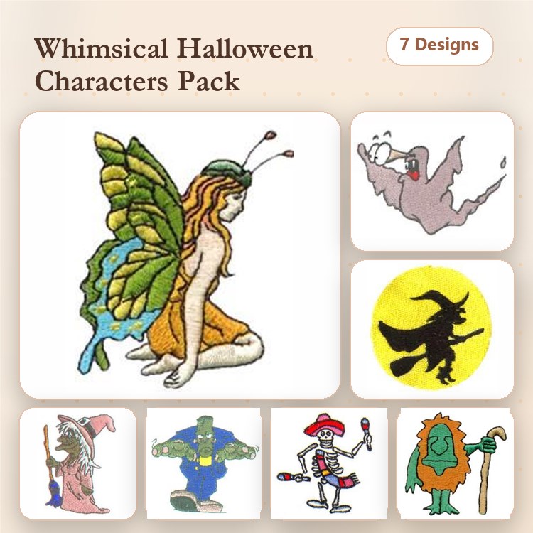 Whimsical Halloween Characters Embroidery Designs Bundle – Fairy with Butterfly Wings, Ghost Character, Witch Silhouette, & More (7 Designs)