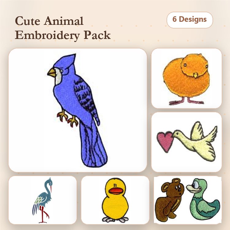 Cute Animal Embroidery Bundle – Blue Jay, Chick, Heart Dove & More (6 Designs)