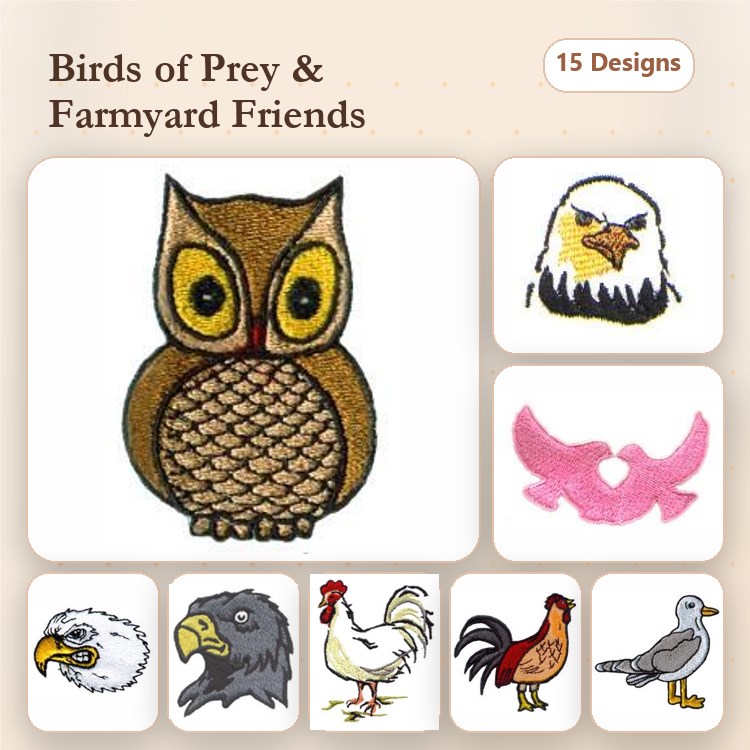 Farm Animal & Bird Embroidery Bundle – Owl, Rooster, Eagle, Dove & More (15 Designs)