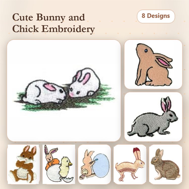 Bunny & Chick Embroidery Designs Bundle – Two Bunnies, Bunny with Carrots, Chick with Eggs & More (8 Designs)