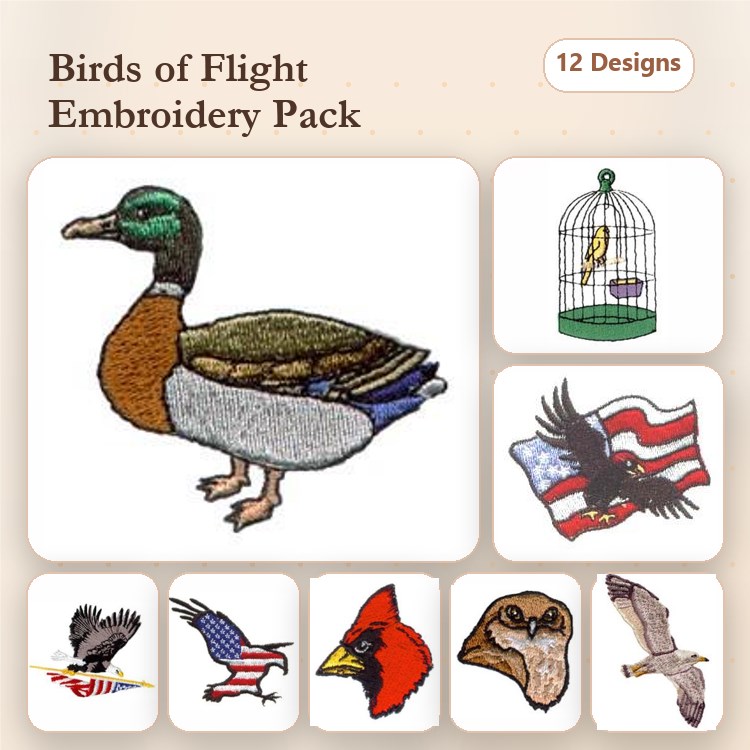 Birds & Flight Embroidery Designs Bundle – Mallard Duck, Eagle with Flag, Cardinal with Flag & More (12 Designs)