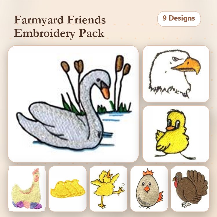 Farm Animal Embroidery Bundle – Swan, Eagle, Duckling, Chicken & More (9 Designs)