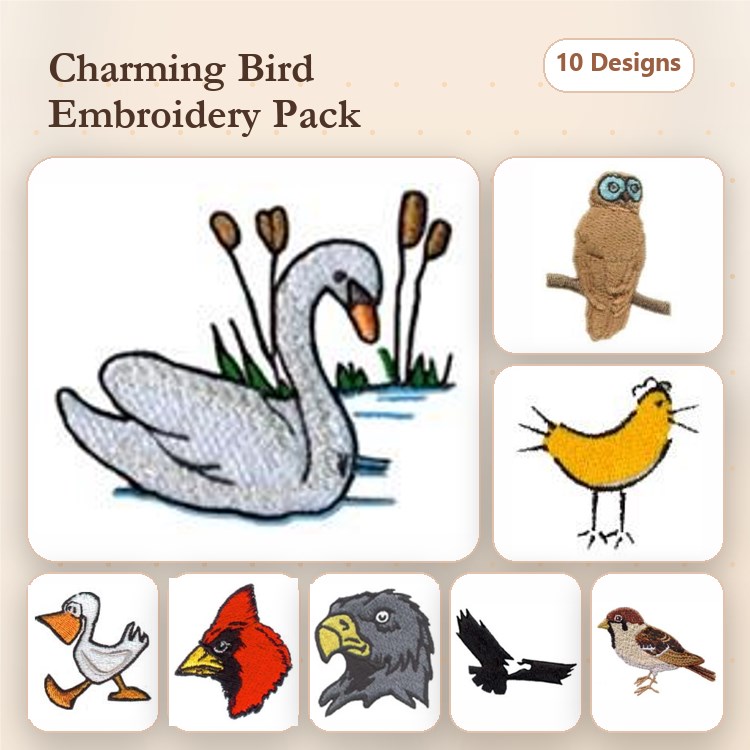 Charming Birds Embroidery Bundle – Swan, Duck, Cardinal, Owl & More (10 Designs)