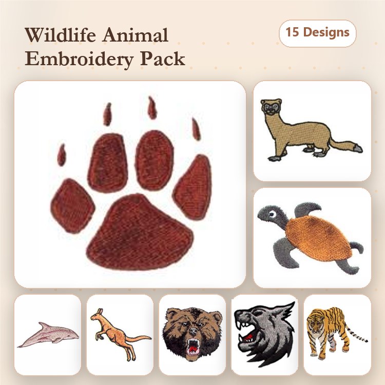 Wildlife Animals Embroidery Bundle – Bear Paw Print, Otter, Dolphin, Kangaroo & More (15 Designs)