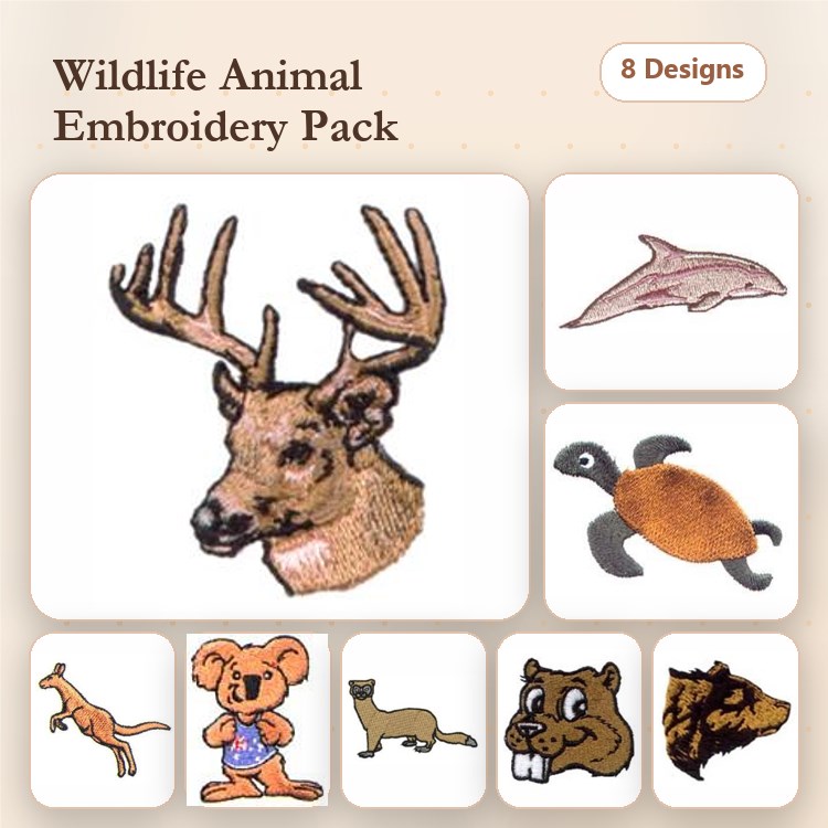 Wildlife Animals Embroidery Bundle – Deer Head, Dolphin, Turtle, & More (8 Designs)
