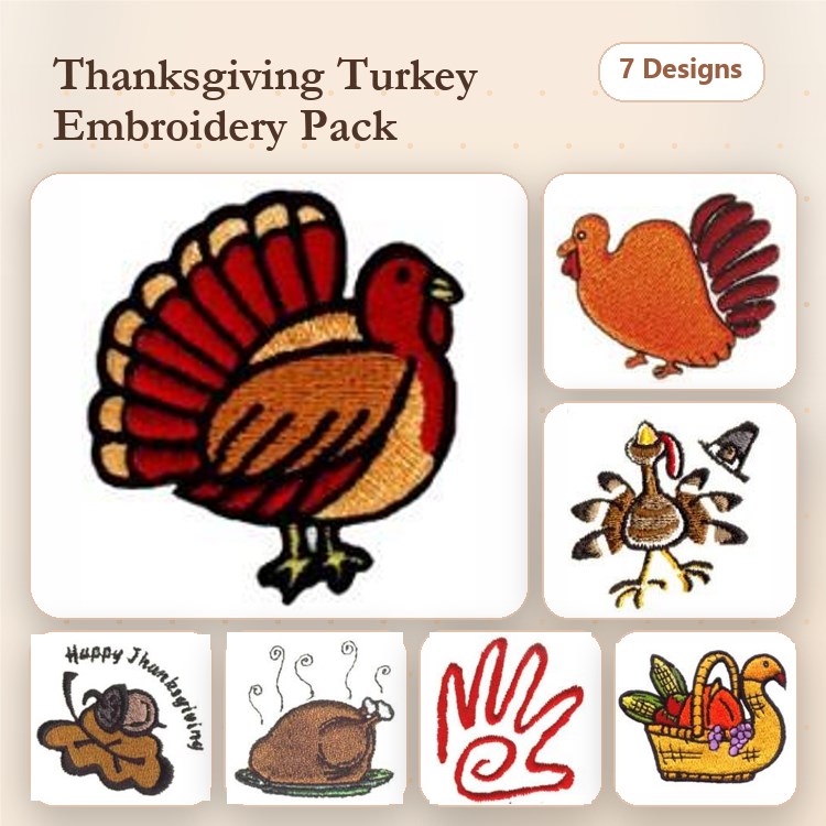Thanksgiving Turkey Embroidery Designs Bundle – Turkey Silhouette, Cartoon Turkey, Happy Thanksgiving & More (7 Designs)