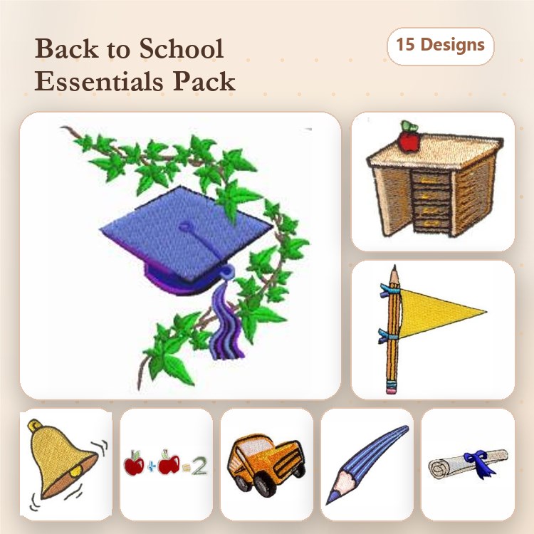 Back to School Embroidery Designs Bundle – Graduation Cap, Desk, Bell & More (15 Designs)