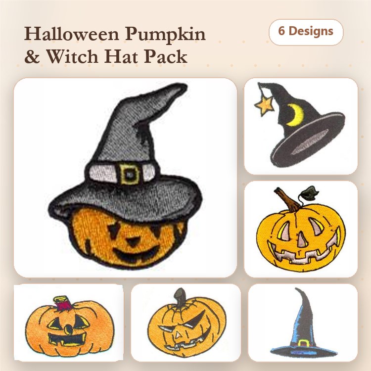 Halloween Pumpkin & Witch Hat Embroidery Designs Bundle – Smiling Pumpkin, Witch Hat with Belt & More (6 Designs)